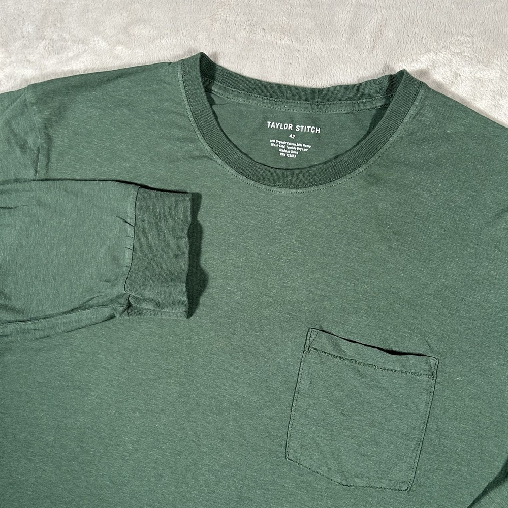 Taylor Stitch Heavy Bag Tee Mens 42 L Green Long Sleeve Pocket Hemp Huckberry